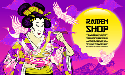 Geisha Background Painting Japanese Style in Ramen Noodle Shop Concept