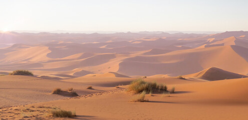 Fototapeta na wymiar Sunrise panorama in the desert. Dunes Erg Chebbi in the Sahara desert near Merzouga, Morocco, Africa. Beautiful sand landscape with stunning sky. 