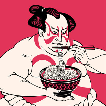 Happy Sumo Eating His Ramen With Ukiyo E Style Illustration