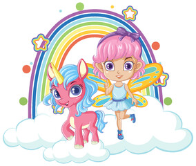Unicorn with fairy girl cartoon character
