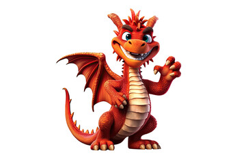 happy red dragon dinosaur points finger at copy space on a white isolated background. Cartoon character. Generative AI illustration