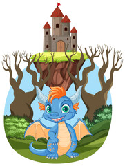 Cute Dragon on Castle in Cartoon Style