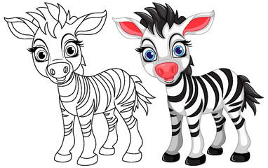Fototapeta na wymiar Cute Zebra cartoon animal and its doodle coloring character