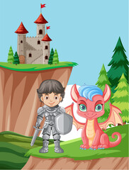 Cute Dragon with Knight and Castle
