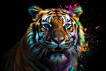 An vibrant photograph of a Tiger splashed in bright paint, contemporary colors and mood social background, generative AI