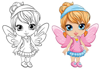 Cute girl cartoonl and its doodle coloring character