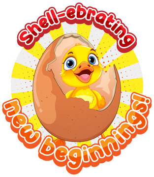Little duckling hatching the egg text icon