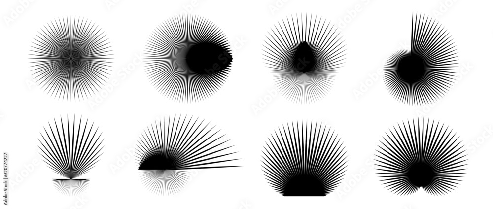 Poster Abstract spiky elements set. Radial and spiral spokes objects collection. Thin thorn shapes and angular sunburst bundle for posters, collages, decoration. Vector pack
