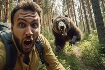 Man running away from scary bear in forest. Generative AI