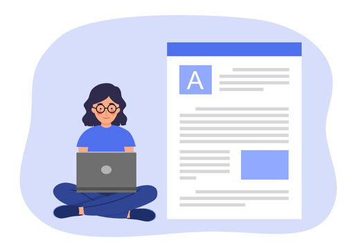Copywriter freelance and blogger author create online article content concept vector illustration. Writing web content on computer.