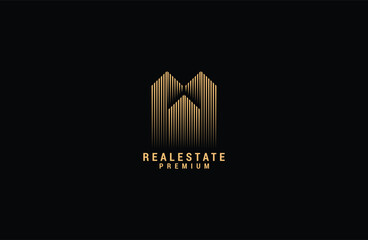 Real Estate line Logo Template Gold colored Vector Illustration