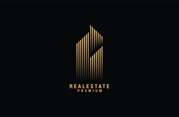 Real Estate line Logo Template Gold colored Vector Illustration