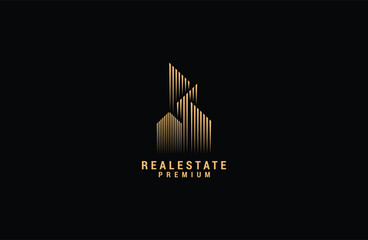 Real Estate line Logo Template Gold colored Vector Illustration