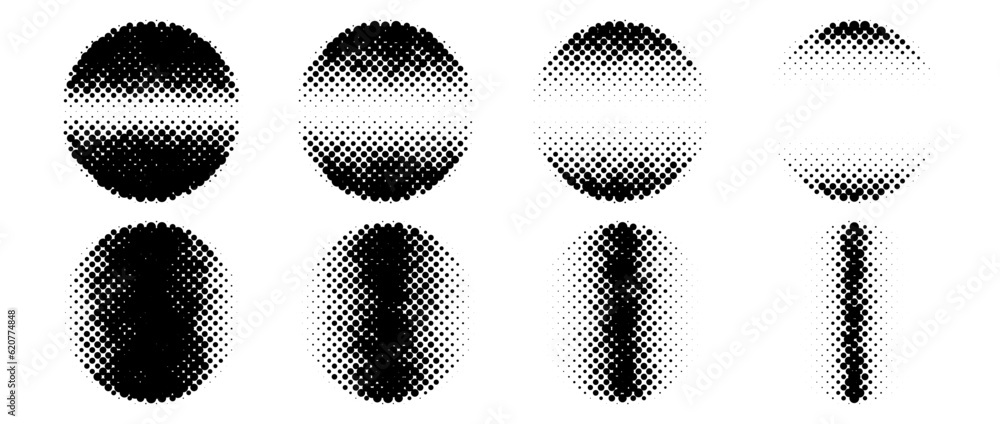 Poster Halftone circle shapes with linear fading gradient. Dotted textured round forms collection in comic pop art style. Black spotted design elements bundle. Rasterized pixelated background pack. Vector