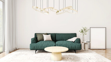 Modern comfort cozy and trendy living room with contemporary furniture and stylish decor sofa Pillows, coffee tables, rugs, lamps, and wooden parquet floors. 3D render