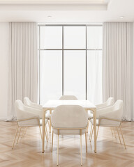 Scandinavian elegance stylish dining area with dining table, parquet floor, natural light, curtain, and decorative wall modern and stylish decor. 3D render