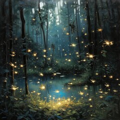 Fantasy dark forest with fog and fireflies
