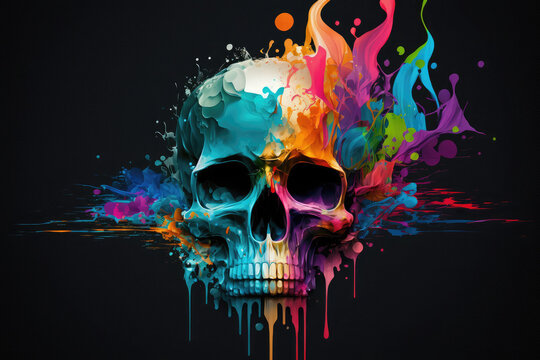 Beautiful abstract Human skull splashed in colorful paint concept, contemporary colors and mood social background, generative AI