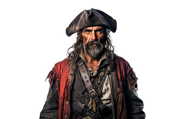 Fototapeta premium man is an old bearded pirate in a hat on a white isolated background. Generative AI illustration