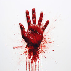 Bloody red hand print against a white background. Halloween horror illustration