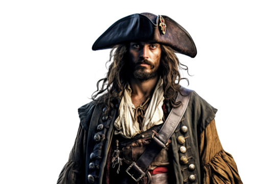 man bearded pirate in a hat on a white isolated background. Generative AI illustration