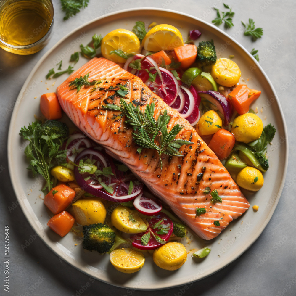 Wall mural zesty citrus salmon, featuring a perfectly cooked fillet of salmon marinated with a tangy citrus gla