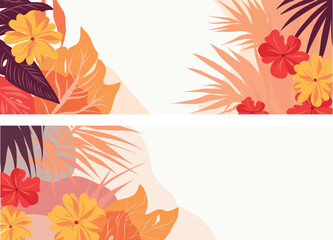 Vector two banners horizontal space for text flowers plants exotic palm tropics tourism cosmetology print typography