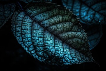 Close-up of the leaf with blue light and dark tone background.