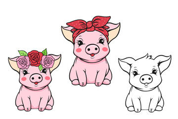 Cute baby pig character on white background. Vector illustration.
