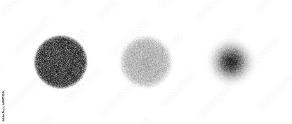 Poster stippled texture circle set. black dotted round element collection. fading noise grain dot work shap