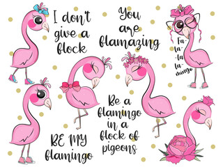 Cute pink flamingos set design for greeting cards. Vector illustration.