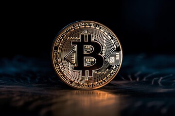 Golden bitcoin on dark background. Cryptocurrency concept.