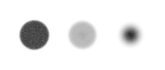 Stippled texture circle set. Black dotted round element collection. Fading noise grain dot work shapes. Vanishing half tones and shadows effect illustration bundle. Vector pack