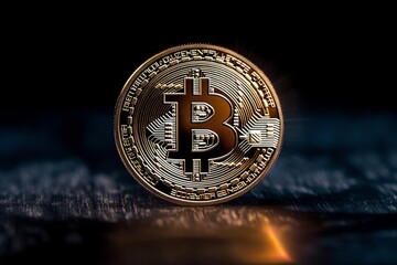 Golden bitcoin on dark background. Cryptocurrency concept.
