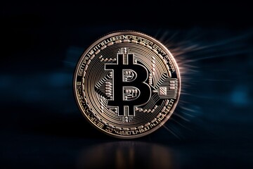 Golden bitcoin on dark background. Cryptocurrency concept.
