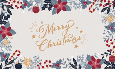 ヒイラギやポインセチアで装飾したクリスマスカード。フラットなデザイン。ベクター背景。 - obrazy, fototapety, plakaty