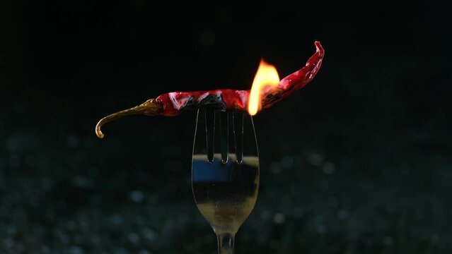 Flaming red Indian spicy chili burning on silver fork isolated against black background