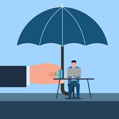 Business man work under umbrella metaphor of business protection. Business flat vector concept illustration.