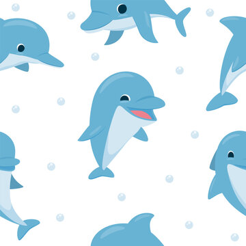 Vector seamless pattern with cute dolphins. Illustration for magazine, book, poster, card, web pages.