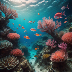 Fototapeta na wymiar Enchanting underwater world illustration with a palette of aqua blue and coral pink.