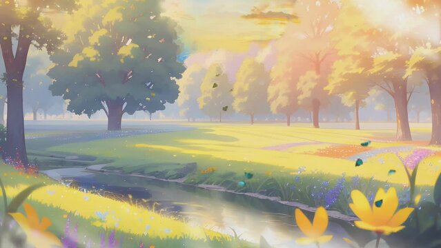 Beautiful fantasy autumn landscape with trees and river.  Cartoon or anime watercolor painting illustration style. seamless looping video animation background.