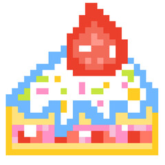 Pixel Dessert Icon Clip Art. Pixel art of strawberry cake illustration.
