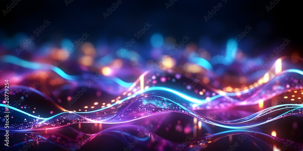 Wall mural abstract background with pink blue glowing neon lines and bokeh lights. data transfer concept. digit