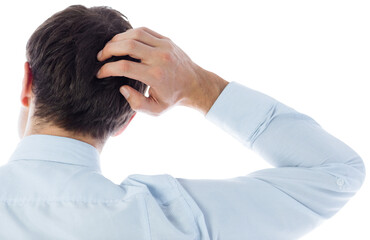 Digital png photo of high section of caucasian businessman scratching head on transparent background
