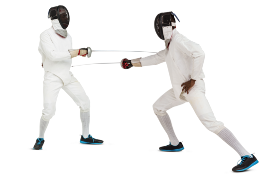 Digital png photo of two caucasian male fencers fencing on transparent background