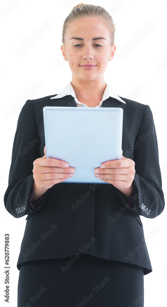 Sticker Digital png photo of focused caucasian businesswoman looking at tablet on transparent background