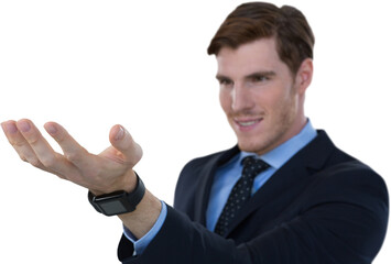 Digital png photo of happy caucasian businessman raising hand on transparent background