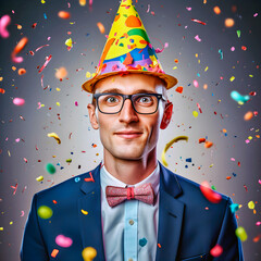 Portrait of man in suit and party hat with confetti. AI Generative.