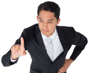 Digital png photo of serious asian businessman showing index finger on transparent background