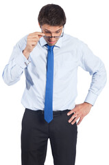Digital png photo of surprised caucasian businessman looking down on transparent background